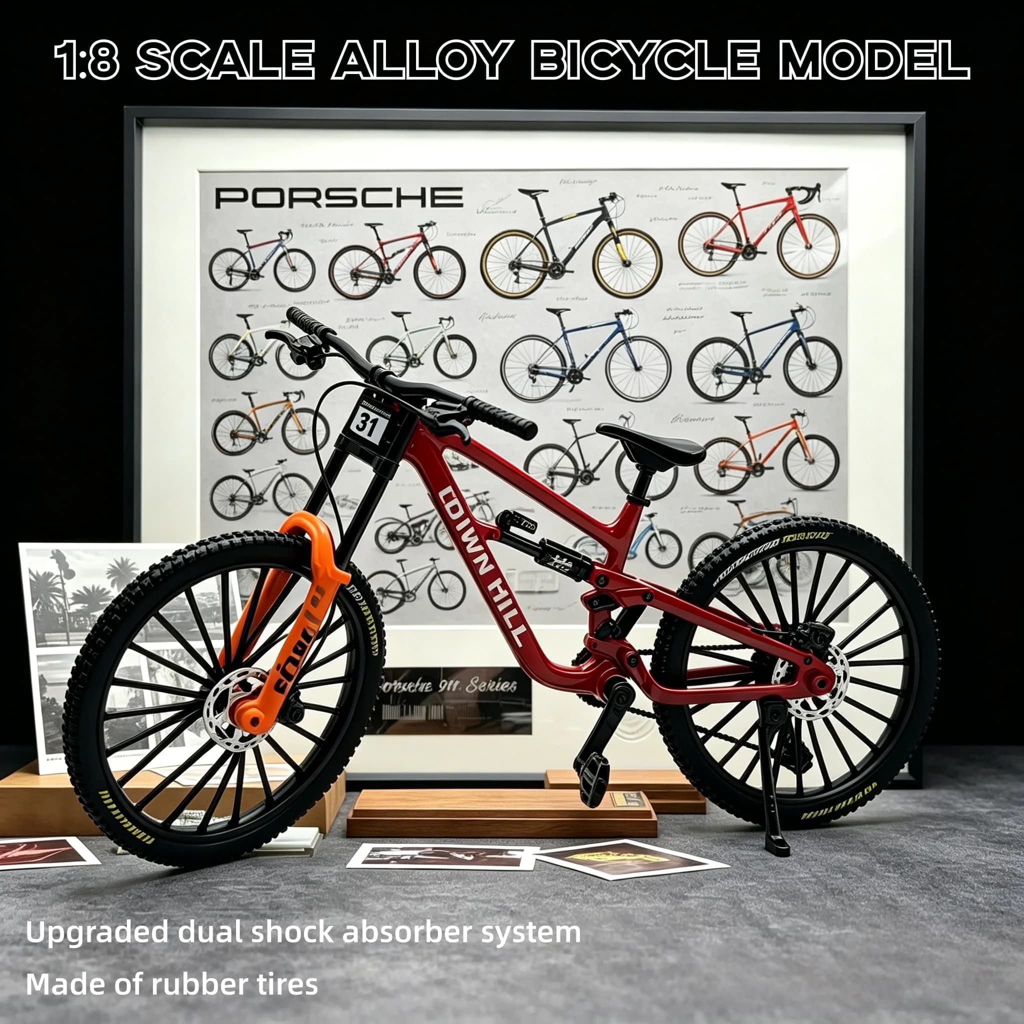 1:8Scale Alloy Downhill Mountain Bike Model, Realistic Full Suspension Bicycle Replica with Movable Wheels, Mini Diecast Bike To