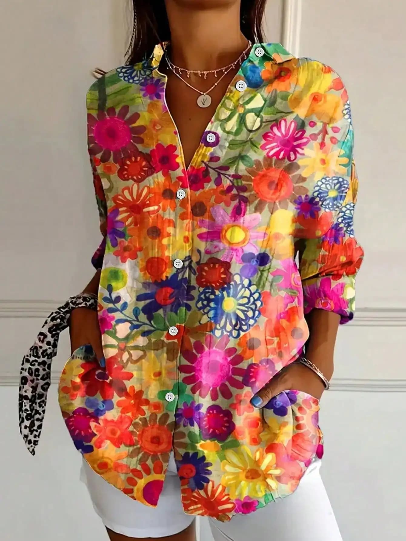 Camicetta Casual da Donna a Maniche Lunghe con Stampa Floreale, Top Leggero con Bottoni per Primavera e Autunno