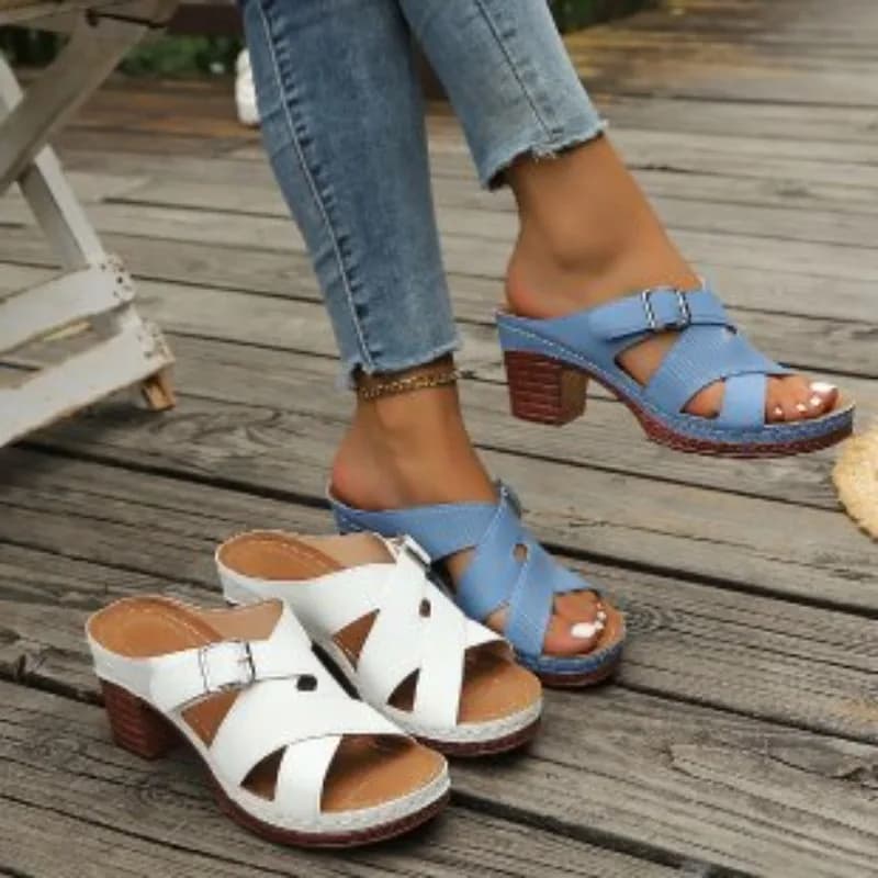 Women's Block Heel Sandals, Open Toe Slide Mules, Adjustable Buckle PU Leather Shoes, Plus Size Casual Outdoor Slippers