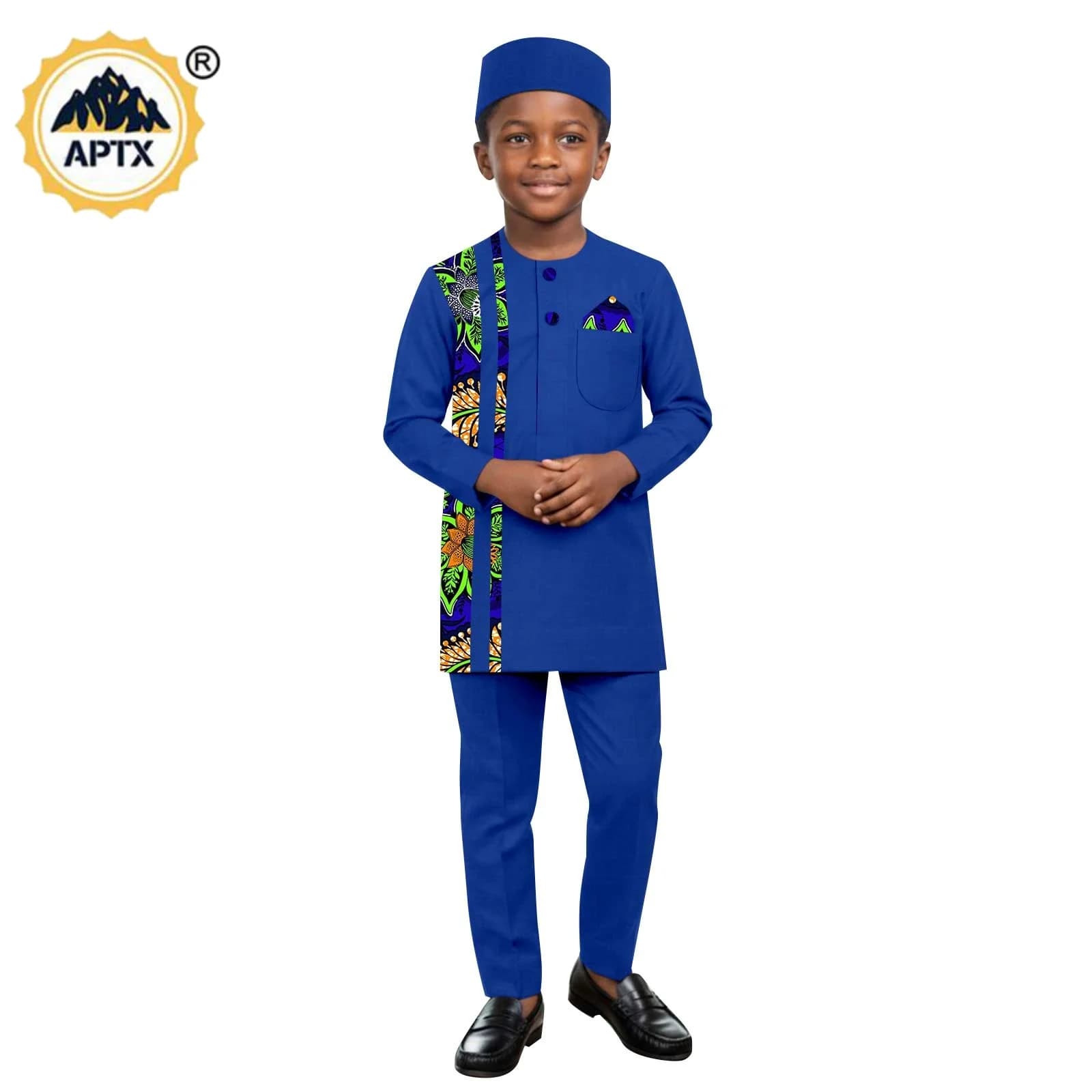 African Clothes for Children Boy Suits Dashiki Stand Jacket Button Bright Silk Top and Pant Sets Bazin Riche Kid Outfits 2446050