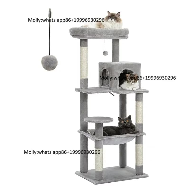 Factory Custom Modern Light Gray Plush Wood Tree Large Climbing Scratching Tree Condo With Hammock