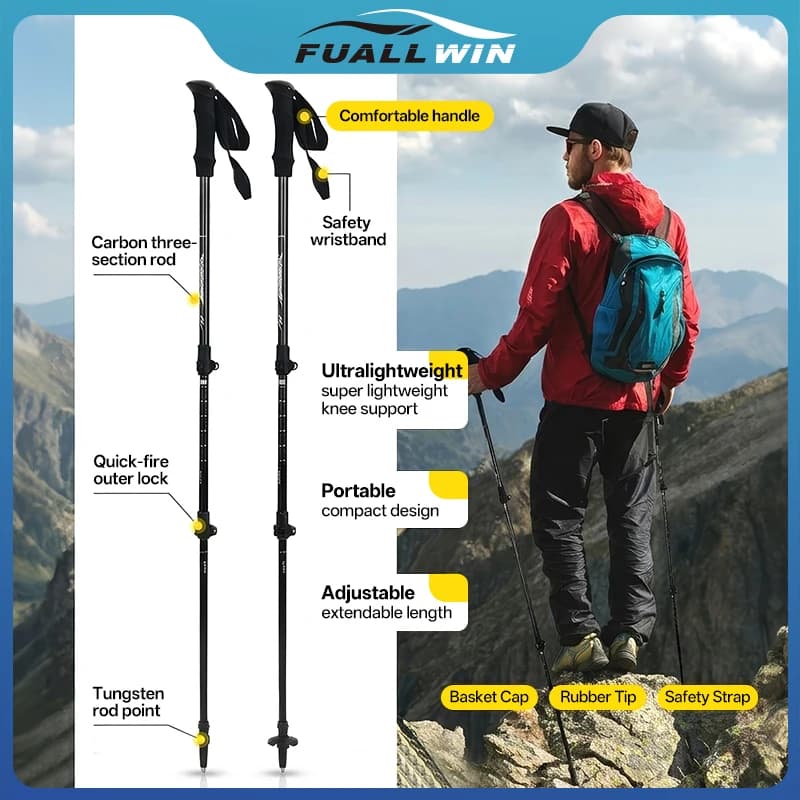 Bastoncini da Trekking in Fibra di Carbonio a 3 Sezioni, Regolabili e Antiurto, con Blocco Esterno Rapido per Sport all'Aperto e Alpinismo