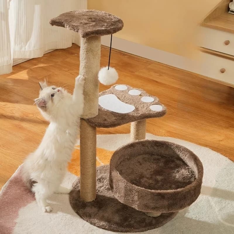 Tiragraffi per gatti piccolo, non occupa il posto di un scaffale per gatti, albero per gatti con lettiera integrata e colonna tiragraffi in sisal.