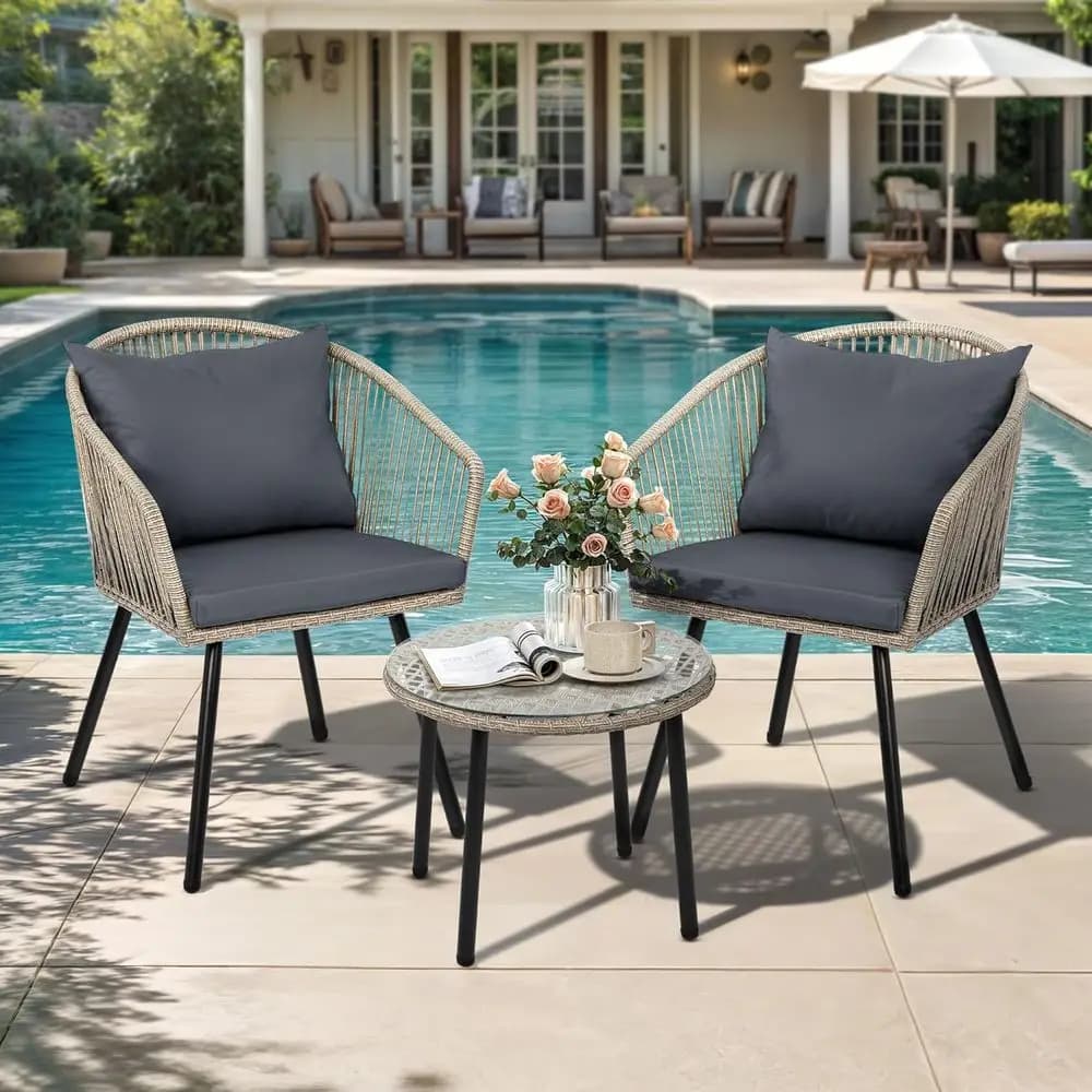 Set Tavolo e Sedie da Bistrot o 2, Set di Mobili da Esterno con Sedie Imbottite e Tavolo in Vetro, per Portico o Giardino