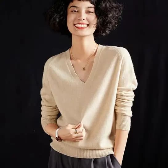 Pullover da donna in puro cashmere al 100% con scollo a V maglione allentato casual lavorato a maglia top autunno/inverno camicetta versatile basic solida