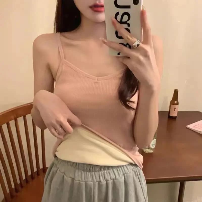 Women's sleeveless top, winter thermal underwear, solid color, warm, casual, sexy, elastic, in thin velvet.