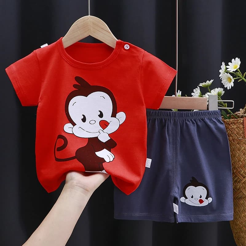 Set di vestiti estivi per bambini da 0 a 5 anni, 2 pezzi, t-shirt a maniche corte con stampa simpatica scimmia + pantaloncini in cotone, abbigliamento casual per bambini e bambine