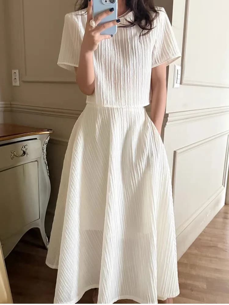 Fashionable Striped Loose Short Sleeve Women's Summer New High Waist Half Skirt Two-Piece Set Korean Style Casual Outfit