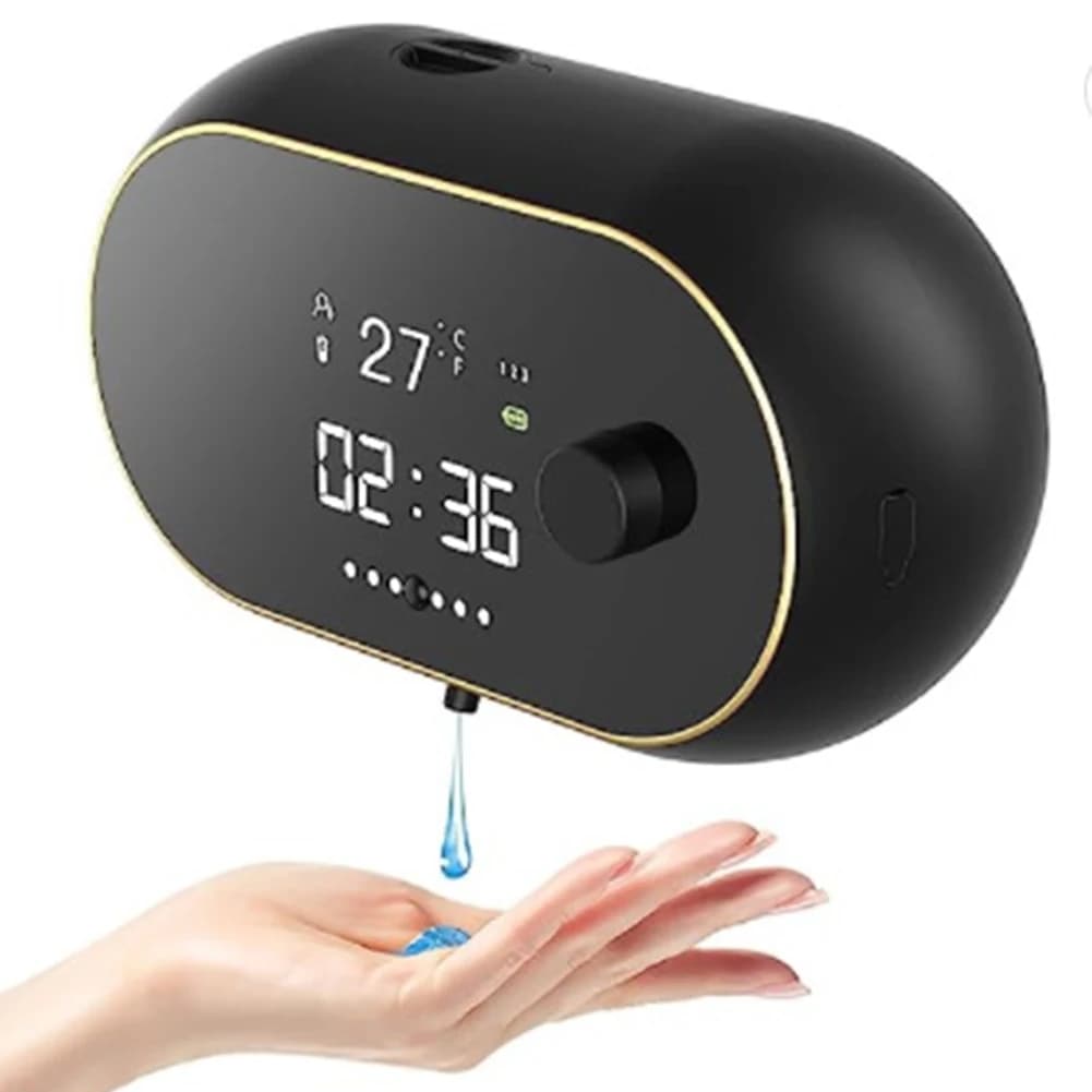 Dispenser Automatico di Sapone Schiumogeno Senza Contatto con Sensore, Ricaricabile, Display Ora e Temperatura, Montaggio a Parete, Igienizzante Mani