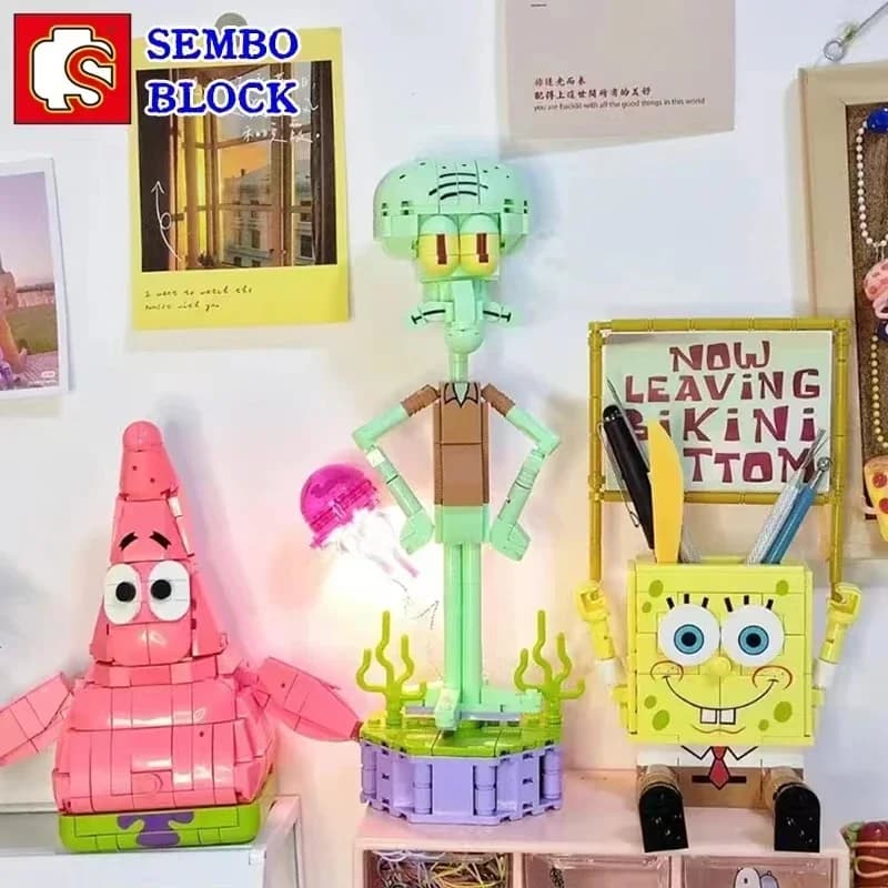 SEMBO BLOCK SpongeBob Squarepants Serie Piccole particelle Puzzle Modello assemblato Decorazione Giocattolo Collezione di compleanno Regalo