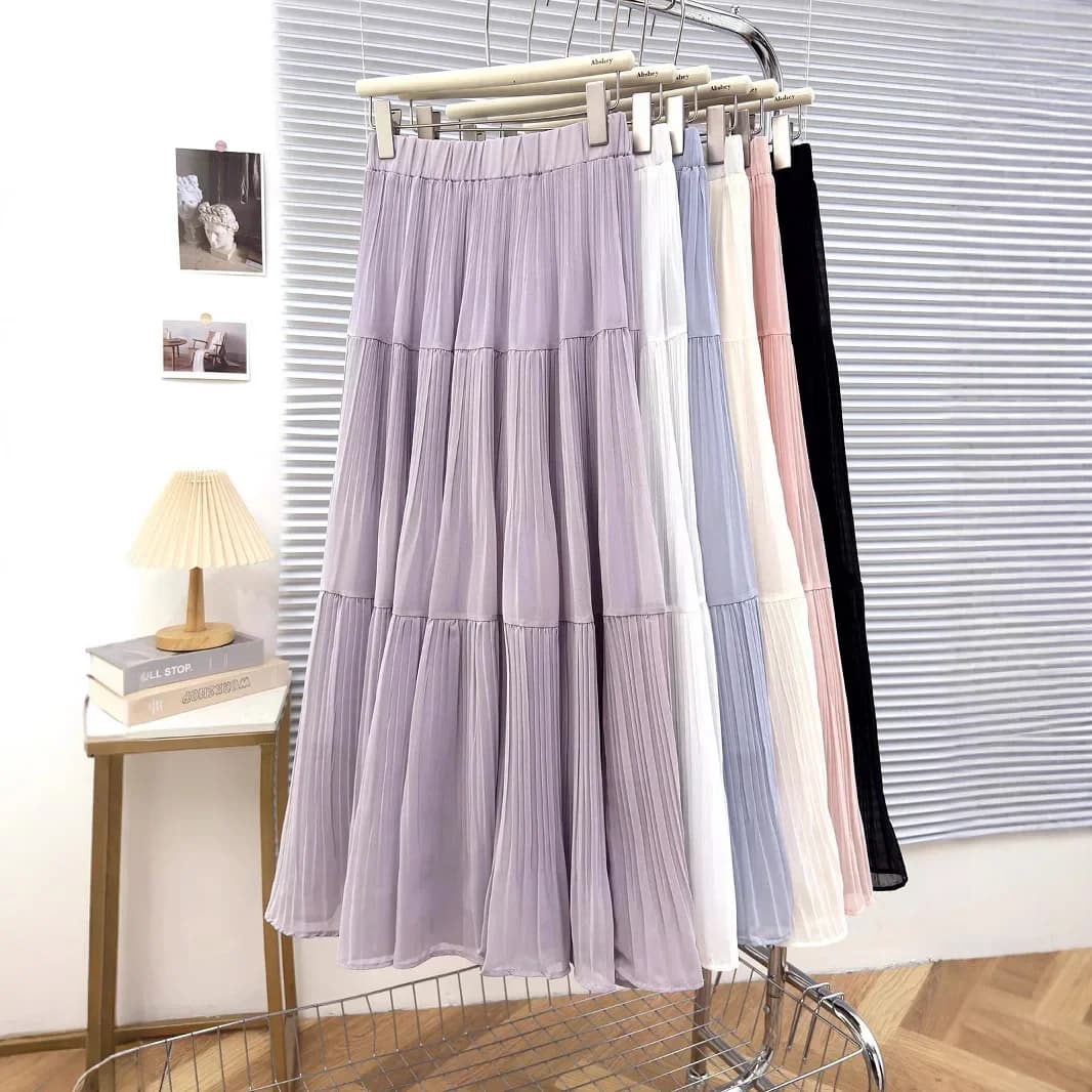 Nuova gonna altalena in chiffon Gonna a trapezio primaverile ed estiva per abbigliamento donna Gonna torta a pieghe ampia in vita elastica solida