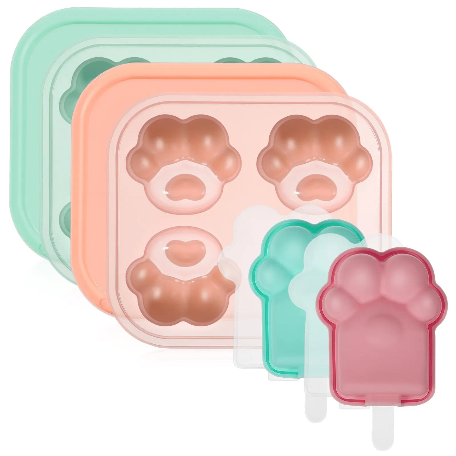 Set di 4 Stampi in Silicone a Forma di Zampa di Gatto per Cubetti di Ghiaccio, Caramelle, Cioccolato e Gelatina, con Coperchi Flessibili