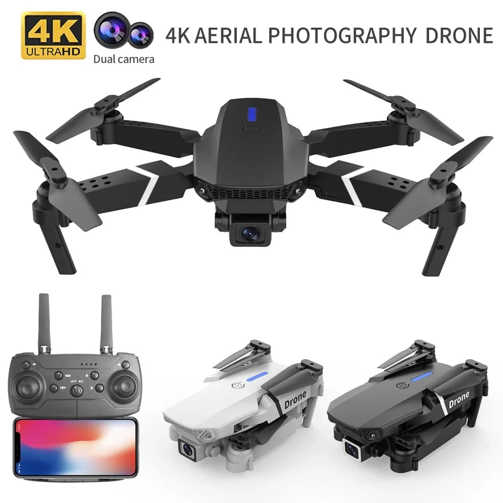Drone Pieghevole Intelligente E88 Pro con Supporto per Cambio Fotocamera Singola/Doppia, Qualità Immagine 4K + Riprese Grandangolari, WiFi Diretto in Tempo Reale