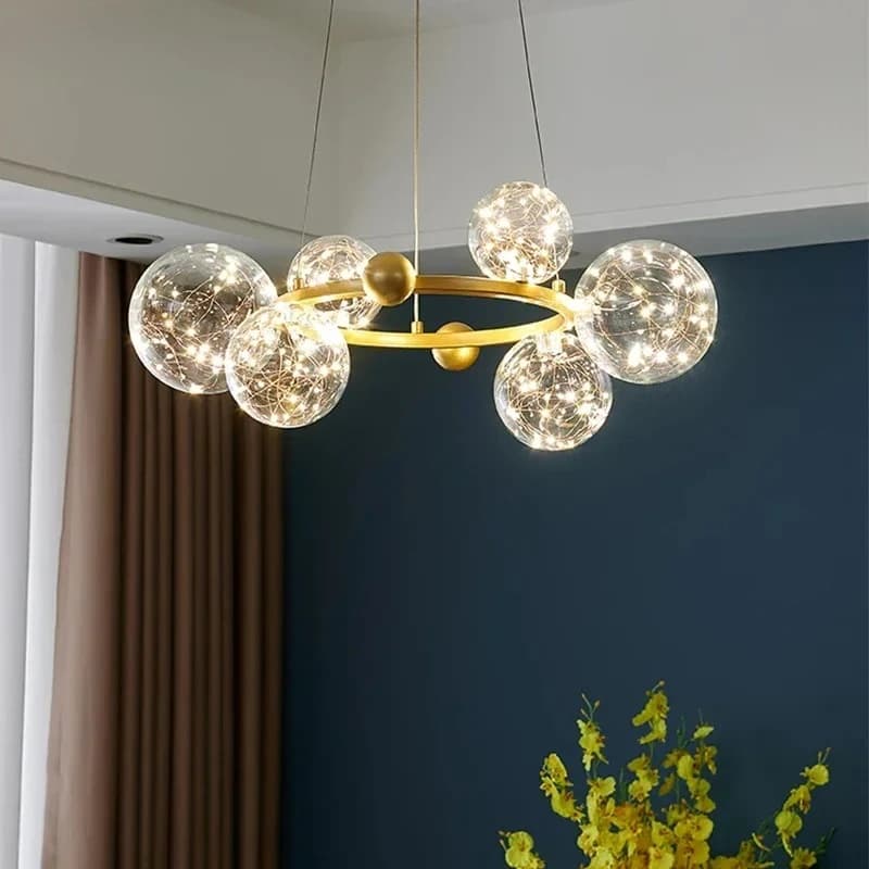 Lampadario a sospensione a forma di anello, romantico a stella, con sfere di vetro lunghe e rotonde, luci LED effetto cielo stellato sopra il tavolo da pranzo