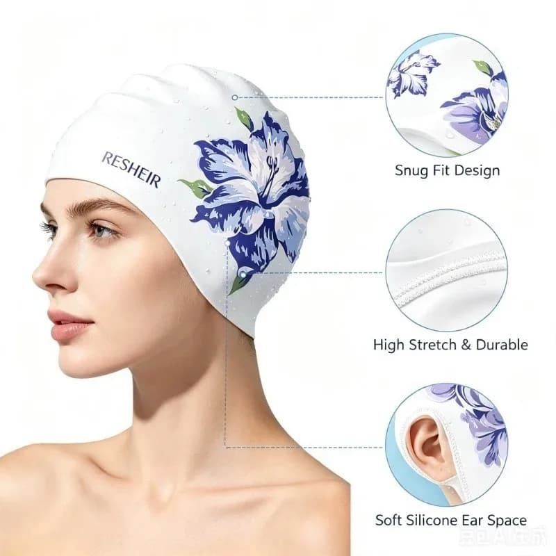 Floral Print Silicone Swim Cap For Women Waterproof Thickened Elastic Non Slip Long Hair Friendly Beach Essentials Swimming Tool