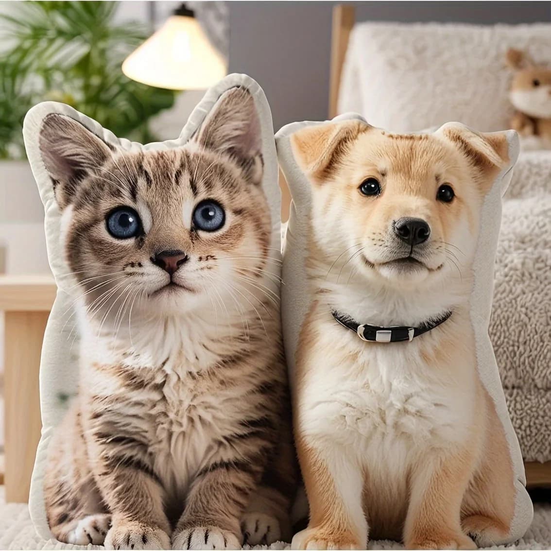 Cuscino personalizzabile per animali domestici in morbido peluche, con design realistici di animali (gatti e cani) stampati in 3D su entrambi i lati.