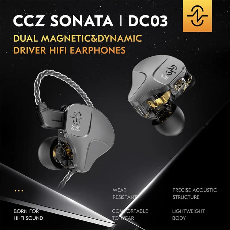 HiFi In-ear Earphone CCZ DC03 10MM Dual Magnetic Dynamic Balanced Wired Headphones 2PIN-TFZ Replaceable IEM Cable Gaming Headset