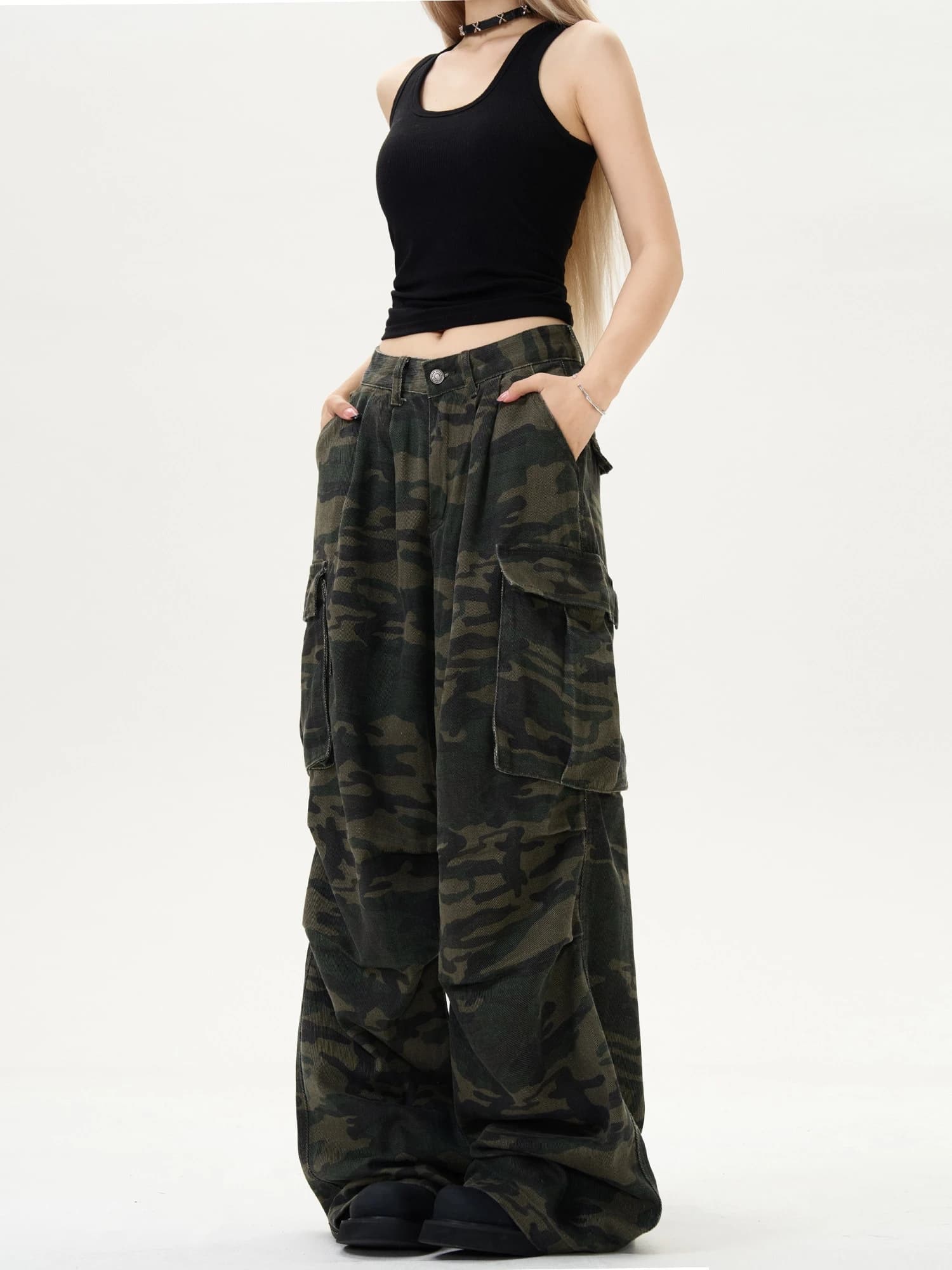 American Retro Camouflage Workwear Jeans High Waist Wide Leg Casual Pants for Men And Women Washed Denim Street Style Long Tr...
