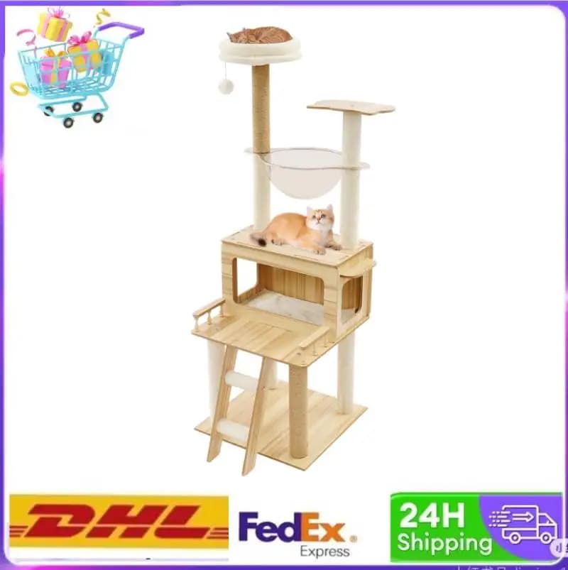 Albero per gatti multilivello color legno bianco con tiragraffi, scale da arrampicata, torre per gatti, capsula trasparente, accessori per gatti, giocattoli per gatti