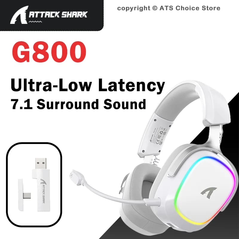 ATTACK SHARK G800 Cuffie da Gaming Wireless 7.1 RGB, Driver da 50mm, 2.4G/Bluetooth/Cablato, Bassa Latenza 20ms, Microfono Staccabile