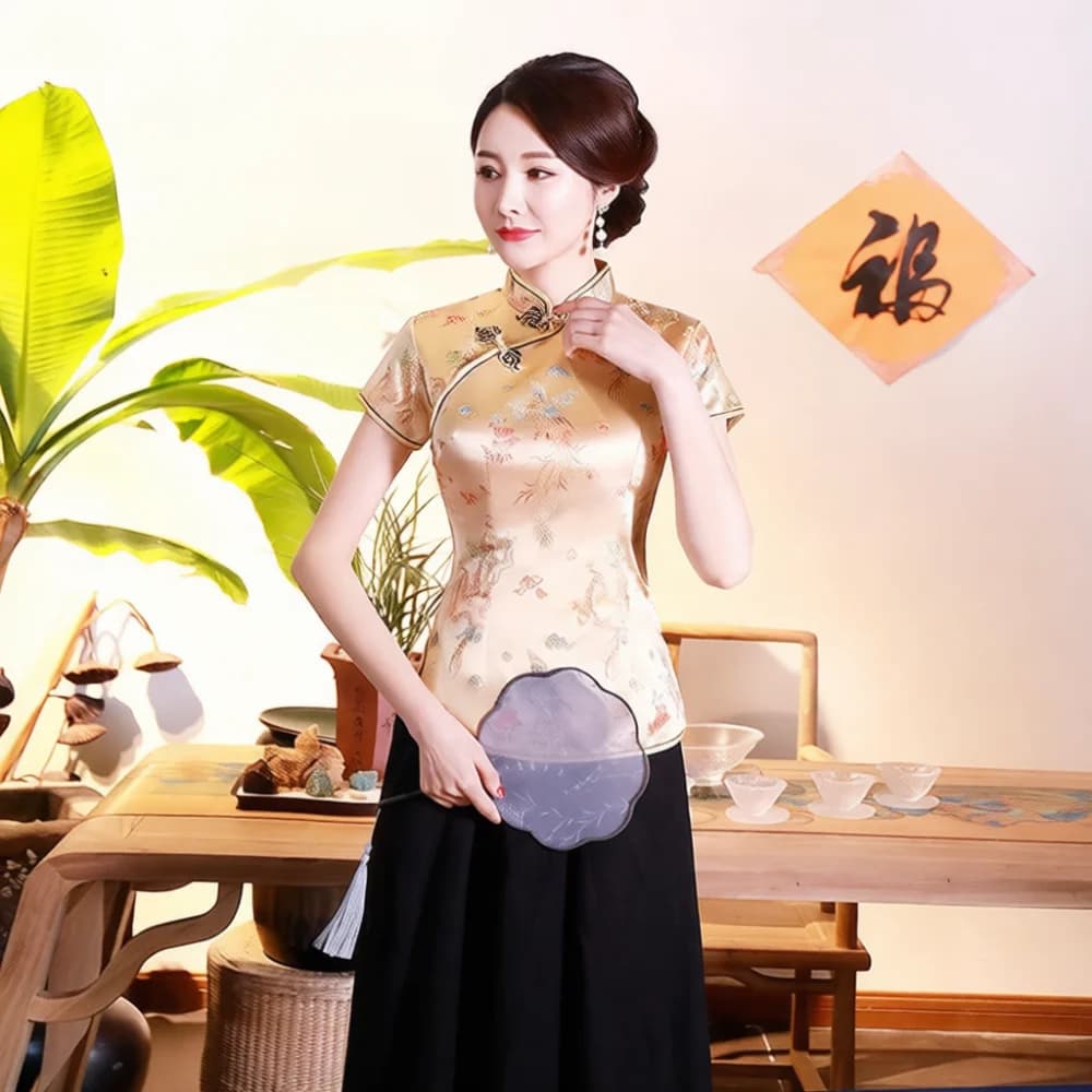 Womens Retro Cheongsam Top Elegant Chinese Style Brocade Blouse Slim Fit Floral Tang Suit Summer Formal Stage Apparel