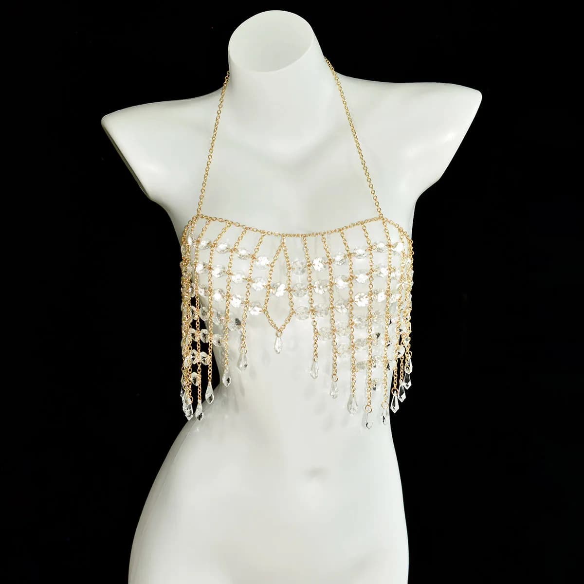 Spettacolo teatrale Cena Spezie sexy Accessori per biancheria intima in acrilico trasparente Catena di metallo di moda Gioielli per il corpo con frange a forma di goccia