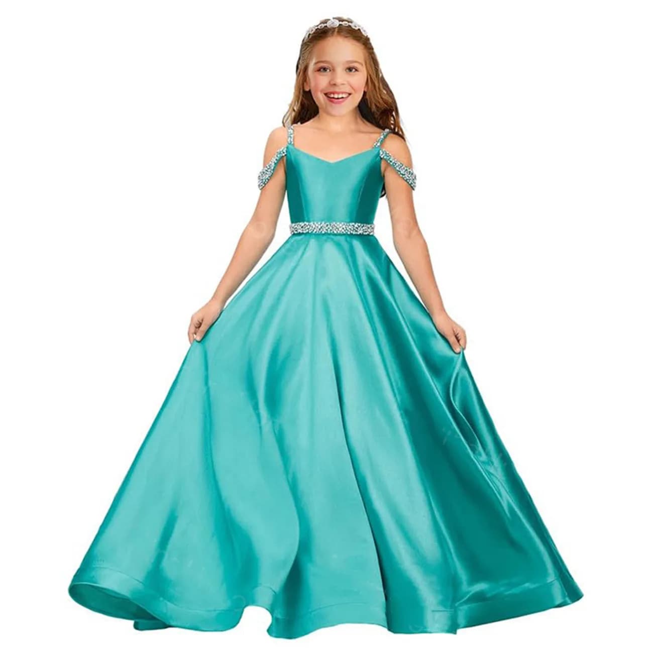 Abiti da ragazza di fiore per bambini con spalle scoperte in raso di moda personalizzati Abiti da festa di compleanno con paillettes per bambini con strascico di corte