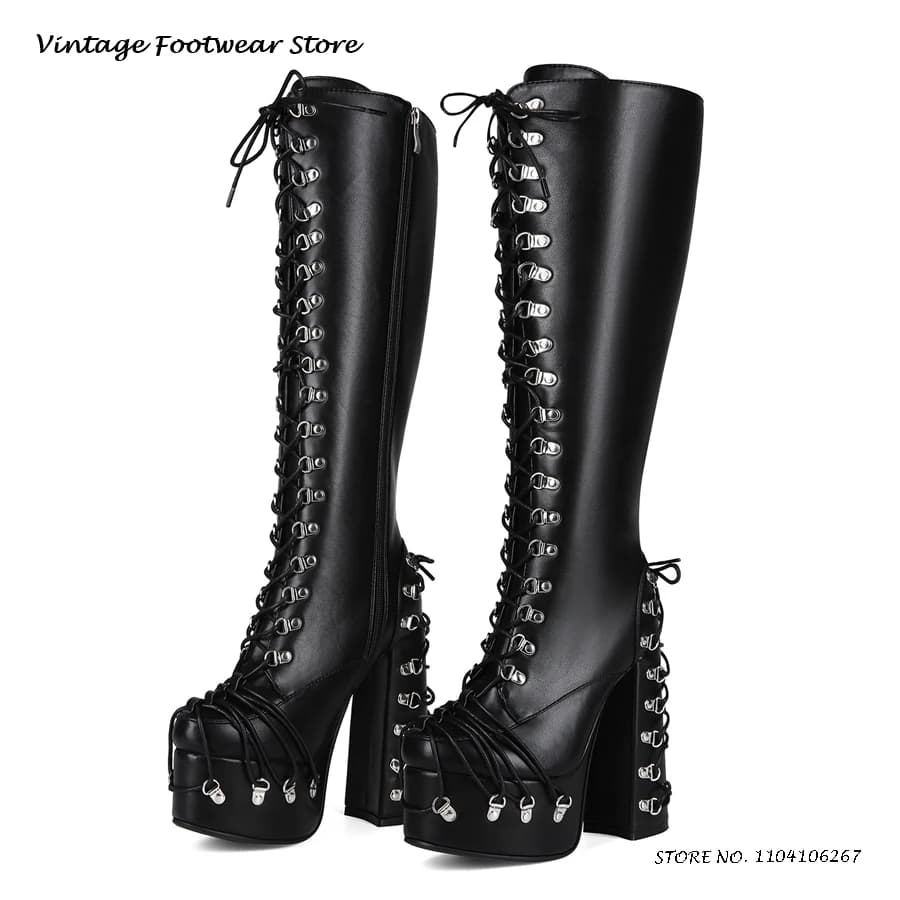 Stivali al ginocchio con plateau stile punk Rivetto Punta tonda incrociata Tacco grosso Scarpe cosplay Stivali alti alla moda per tutte le stagioni da donna