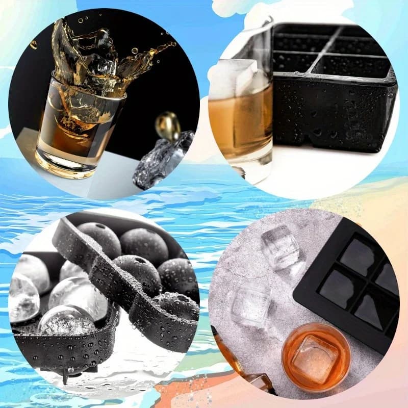 Set di 2 Stampi per Cubetti di Ghiaccio Grandi a 4 Scomparti con Coperchio, Forme Rotonde e Quadrata con Imbuto, Riutilizzabili, Senza BPA, in Silicone per Whisky