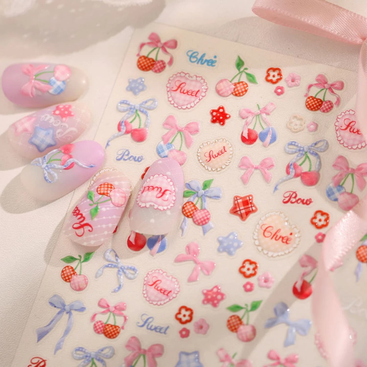 Retro Gentle French 5D Nail Art Stickers Cherry Bow Plaid Lace Edge Heart Flower Element Self Adhesive Nail Decals Manicure DIY