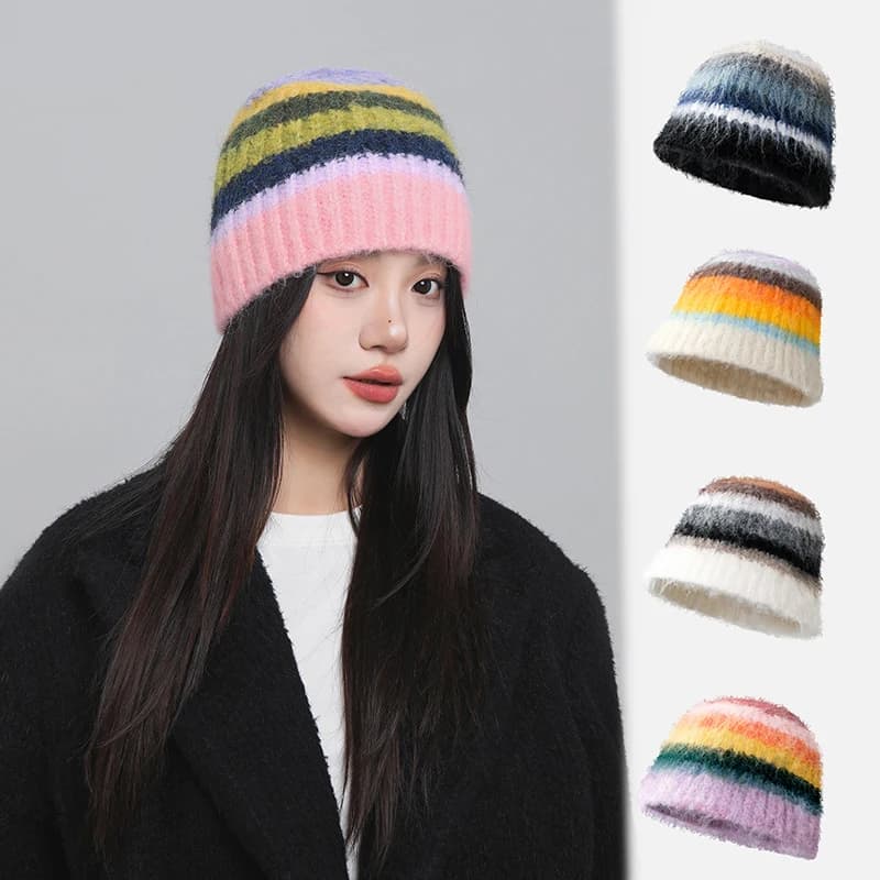 Colorful Colorful Striped Wool Hat Knit Knitted Fisherman's Hat Handmade Autumn and Women's Winter