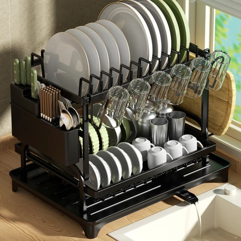 2 Tier Dish Drying Rack Kitchen Countertop Dish Organizer with Drainboard Plate Bowl Cutting Board Holder