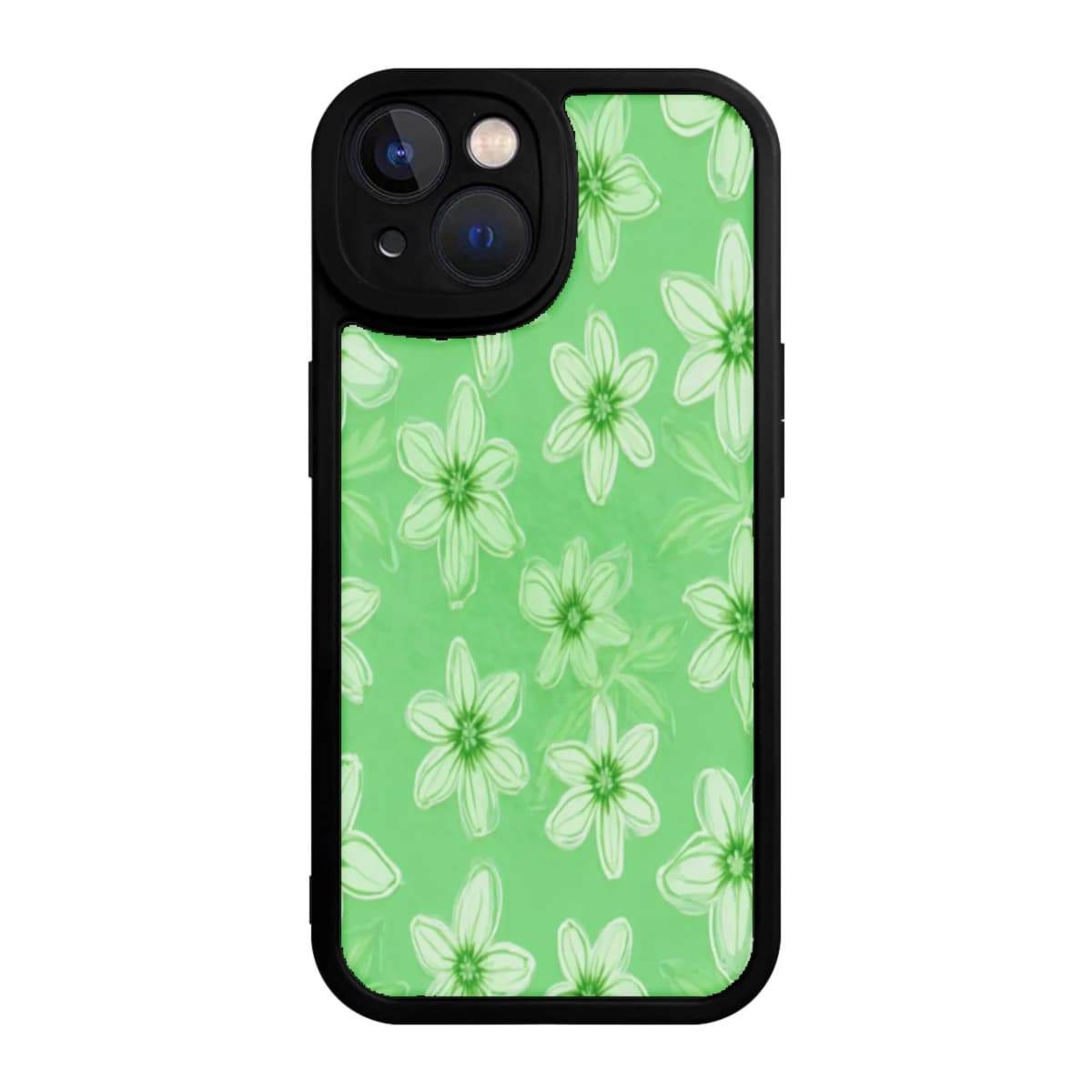 Flower Pattern Phone Case Green Color With White Flowers Design For Iphone X To Iphone 16 Pro Max Protective Cover For Daily Use And Outdoor Activities