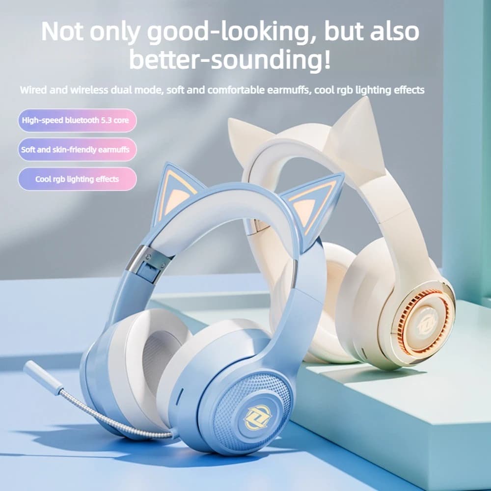 RGB Light Cat Ear Bluetooth Headphones Bluetooth 5.3 Gaming Headset With Microphone Wired Wireless Dual Mode HiFi Audio