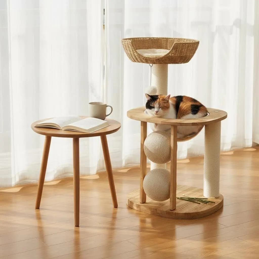 Tiragraffi per gatti con struttura integrata in legno massello, cuccia e lettiera per alleviare la noia in casa