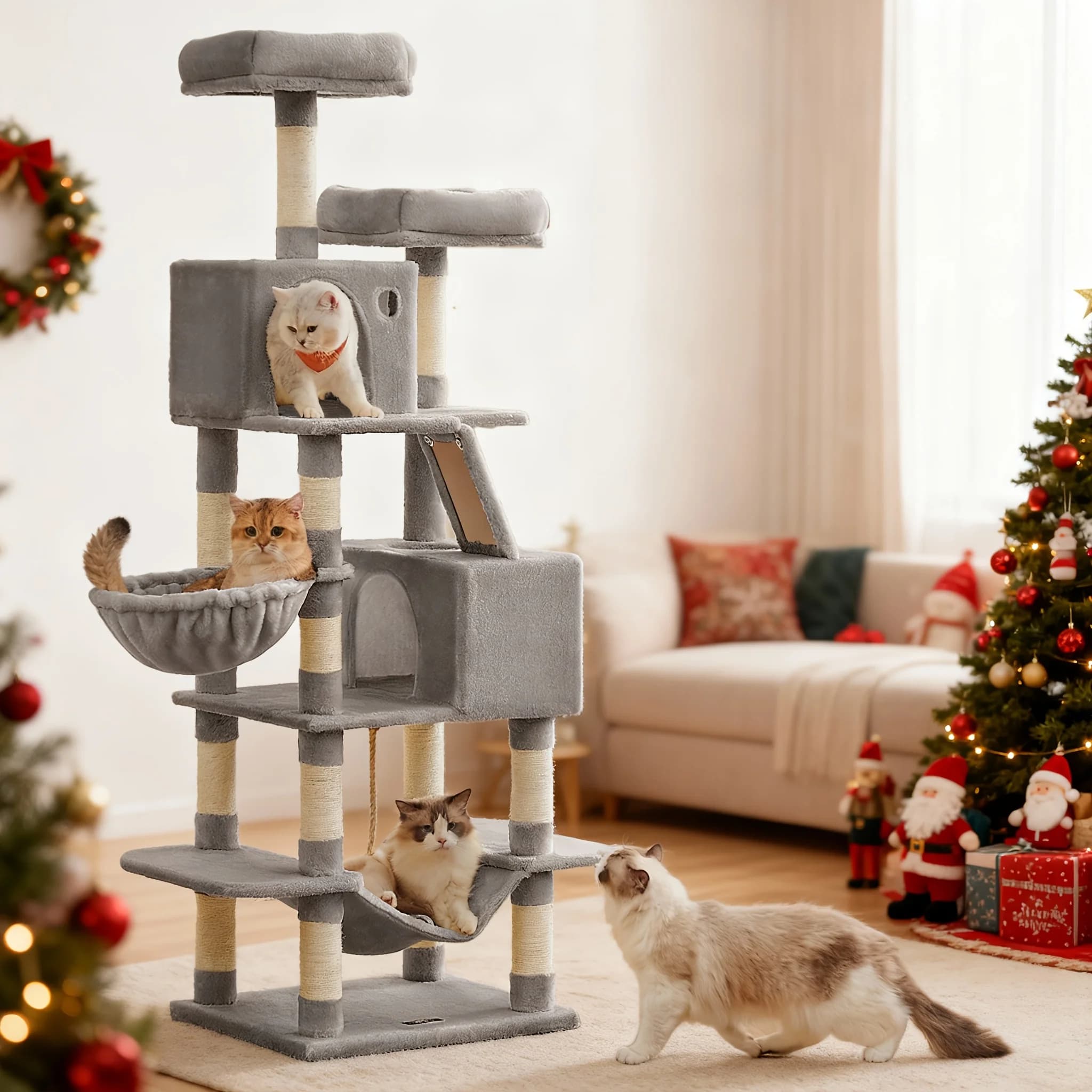 Albero per Gatti da Interno 66in/44.1in, Torre per Gatti, Cuccia Multilivello per Gatti con 4 Tiragraffi, 2 Posti Relax, Amaca