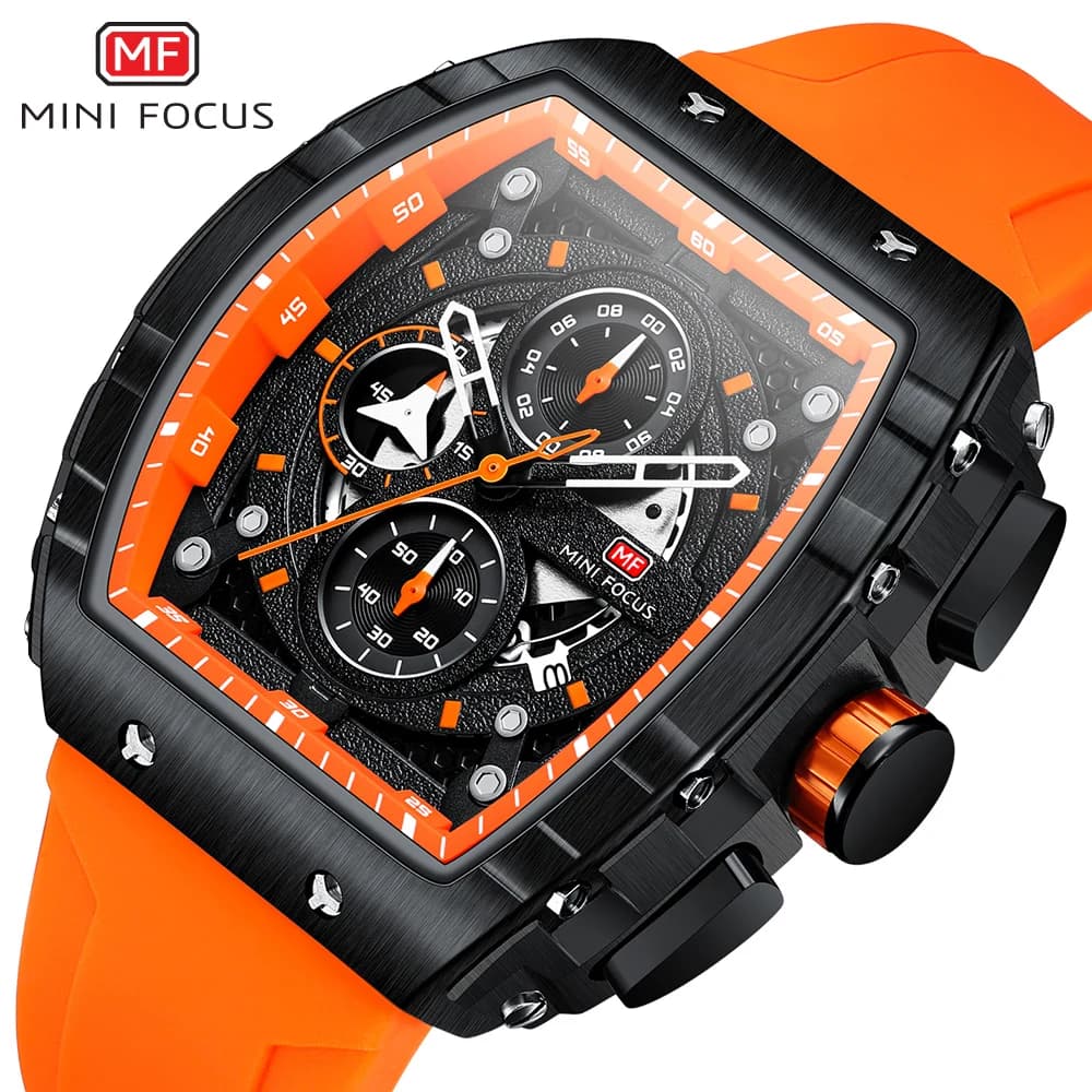 MINI FOCUS cronografo al quarzo da uomo quadrante tonneau orologio da polso sportivo militare da uomo con cinturino in silicone arancione data automatica