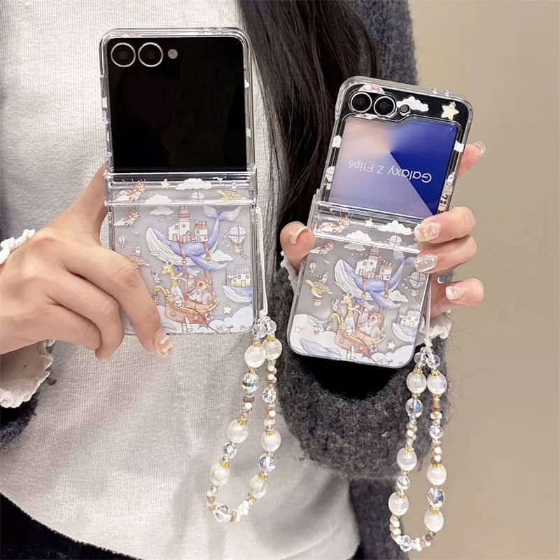 Custodia per telefono coreana simpatico cartone animato per Samsung Galaxy Z Flip 7 6 5 4 3 Cover con catena Custodie con cerniera Kawaii per ZFlip7 Flip5 Funda