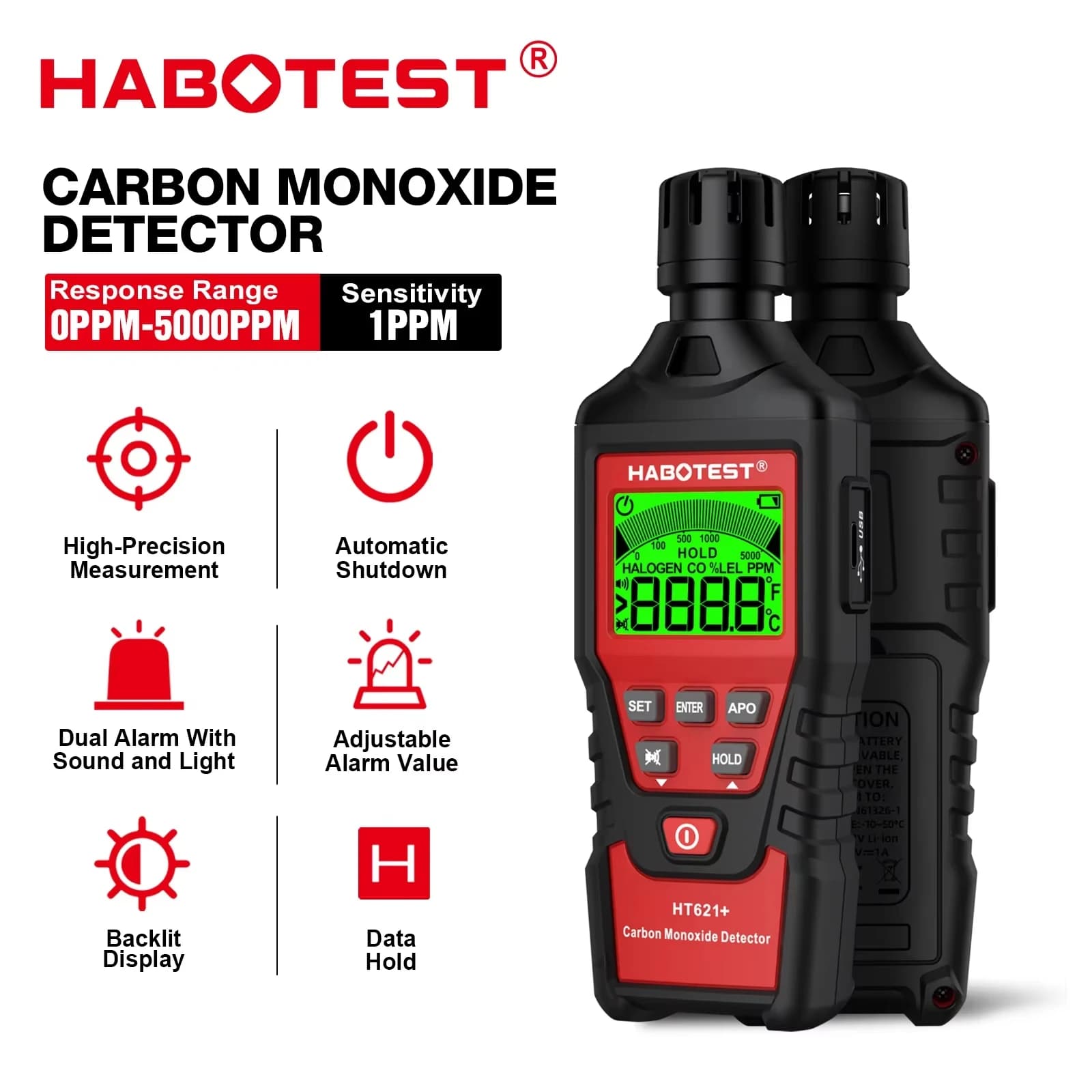 HABOTEST HT621 Carbon Monoxide Detector Alarm New Photoelectric Sensor Professional High Precision CO Gas Tester LCD Display
