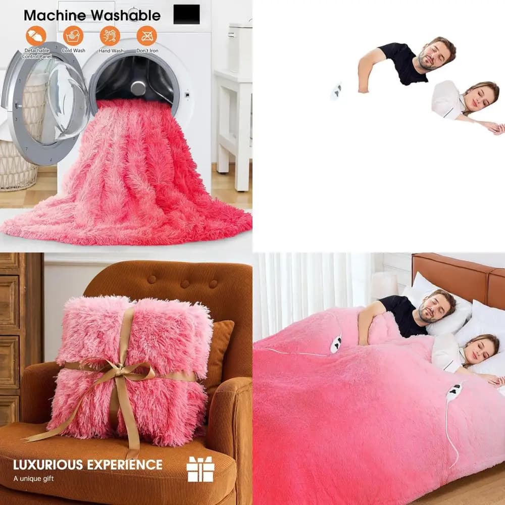 Coperta riscaldata Queen Size con pelliccia sintetica, 10 opzioni di calore e 5 volte, riscaldamento rapido, 84x90, rosa baby - Regalo invernale ideale per le donne