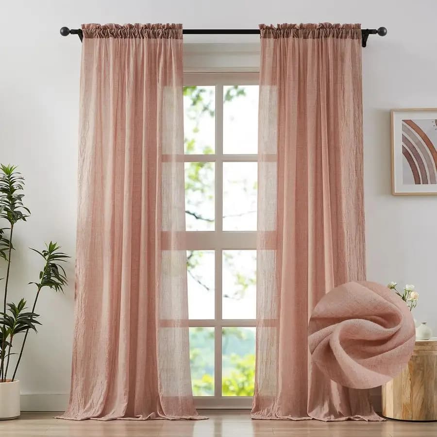 Transparent Pink Soft Curtains 84 Length Poles for Living Room, Bedroom, Semi-transparent Cotton Curtains Testurized Filter Light, Natural Linen