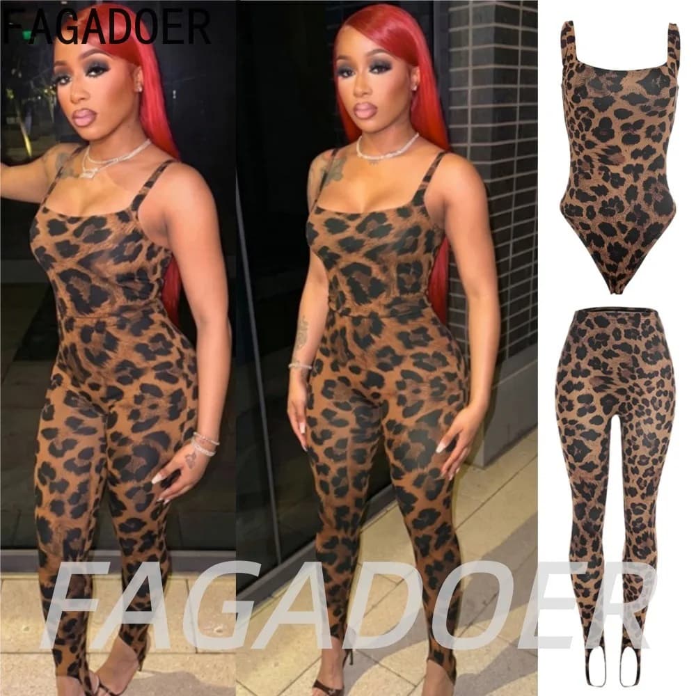 FAGADOER Sexy Leopard Print Pants 2 Piece Sets Streetwear Off Shoulder Bodysuits and Bodycon Pants Outfits Fashion Commut Suits