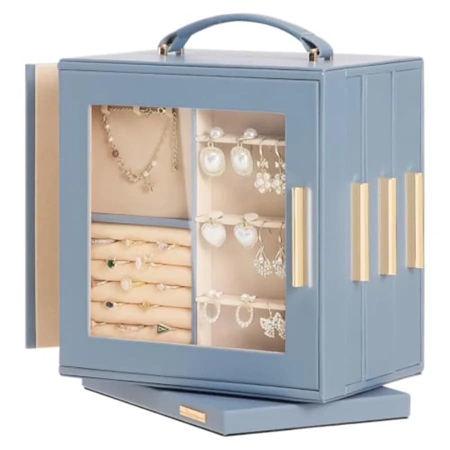 Scatola Portagioie 360 ° Organizzatore Rotante per Collane e Orecchini con Finestra Trasparente e Specchio, 7 Cassetti, Grande Espositore per Anelli