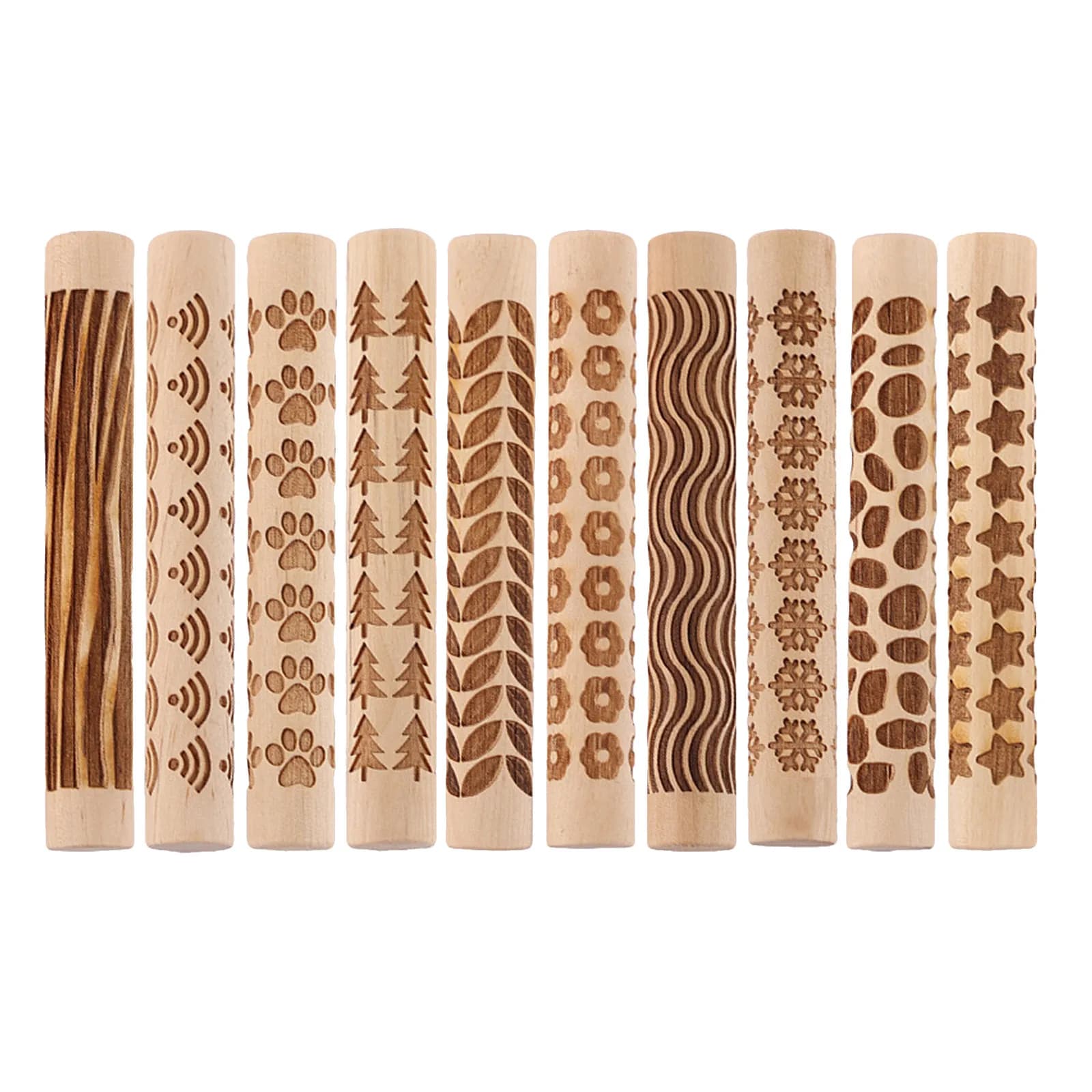 10Pcs Textured Clay Rolling Pin Wooden Craft Rolling Pin for Polymer Clay Ceramic Pottery Teaching DIY Modeling Air Bubble