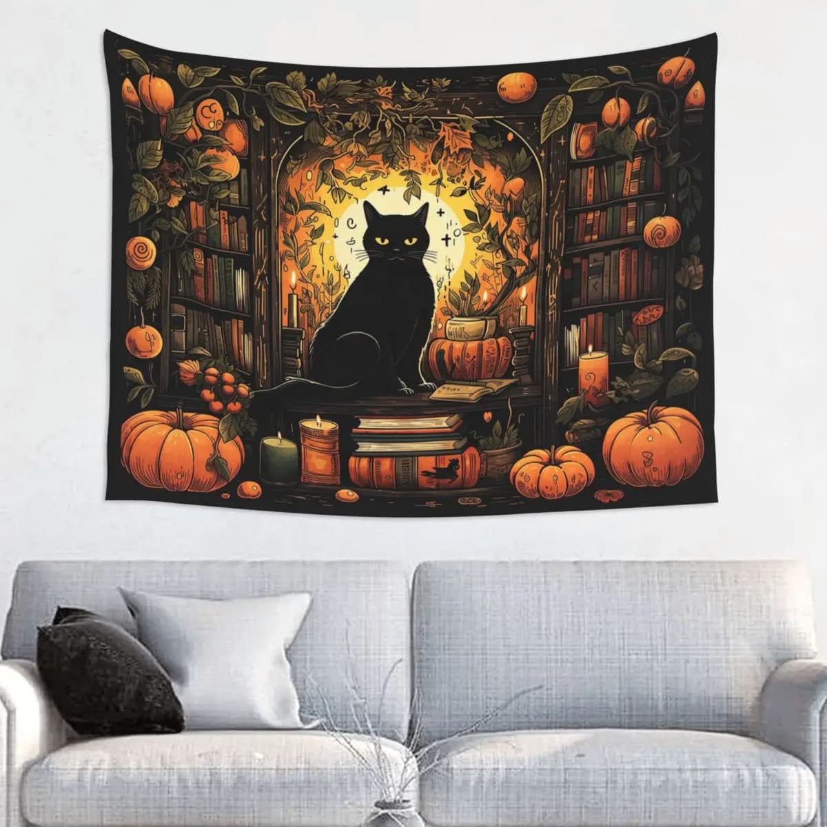 Halloween Black Cats Tapestry Wall Hanging Hippie Polyester Tapestries Autumn Pumpkin Art Blanket Wall Decor Yoga Mat
