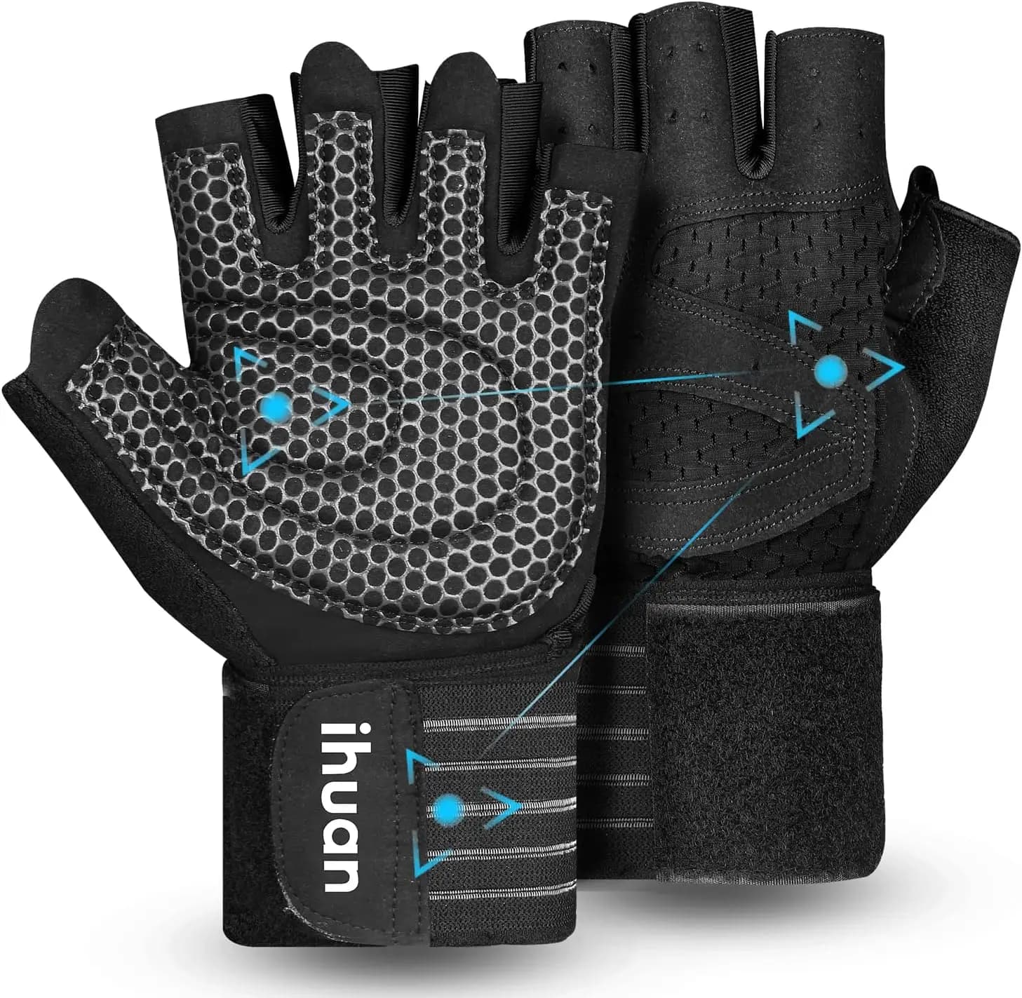 ihuan Ventilated Weight Lifting Gym Workout Gloves with Wrist Wrap Support for Men & Women, Full Palm Protection, for Weightlift