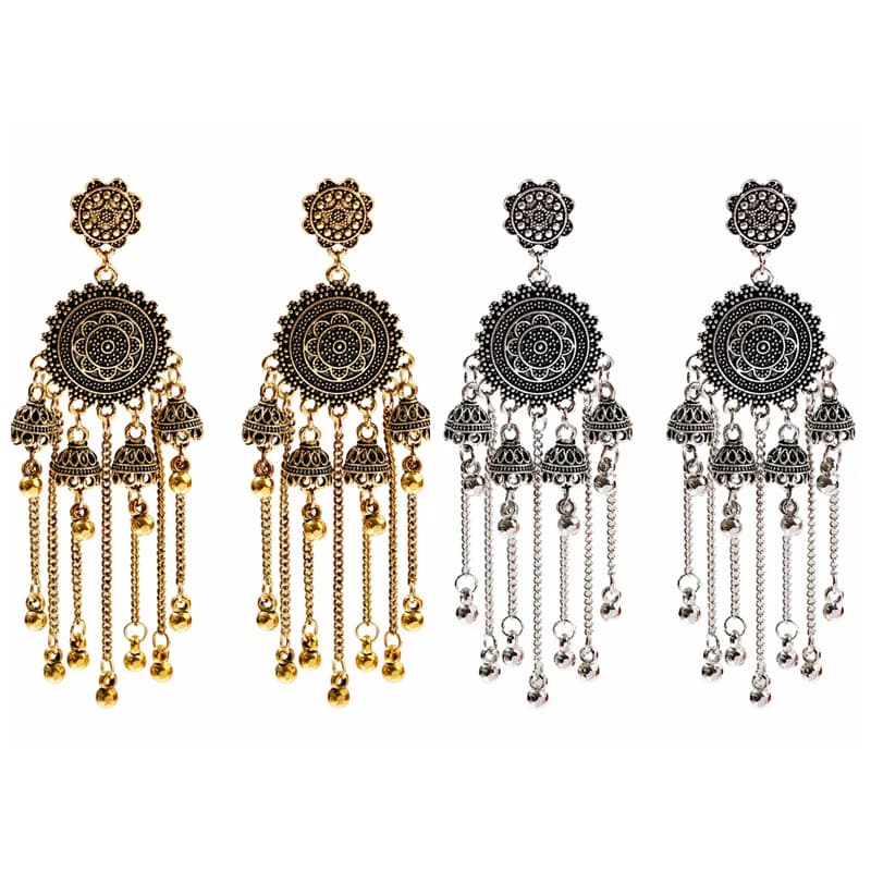 Classic Retro Geometric Long Chain Bell Tassel Hanging Earrings Gypsy Afghan Tibetan Jewelry Bohemia Indian Jhumka Earrings