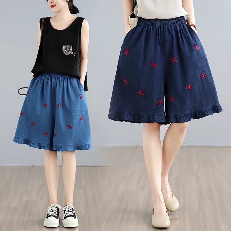 plus Size Women's Harem Pants Thinming Summer New Style Thin Denim Shorts Five-Point Casual Pants Artistic Commute Style Stra...
