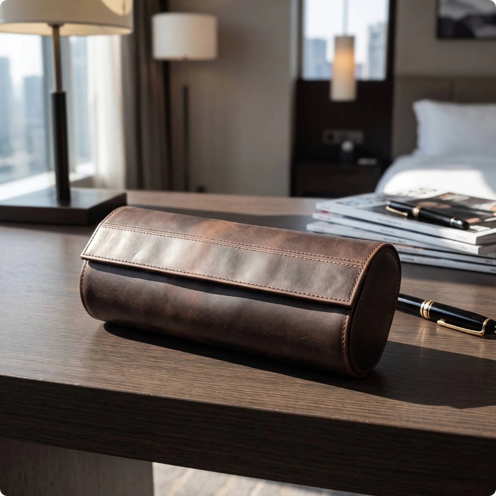 Watch Roll with Hinged Lid Leather Watch Storage Case Organizer Travel-Friendly Portable for Travelers, Dresser