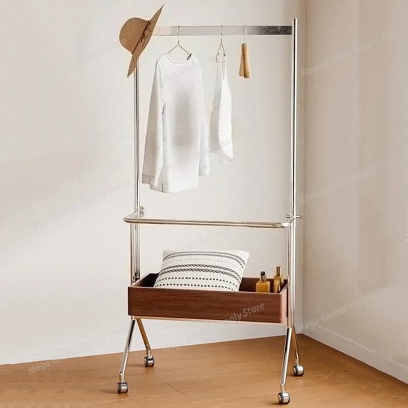 Standing Coat Rack Stainless Steel Floor Clothes Racks Aesthetic Bedroom Dress Hanger Multifunctional Coats Shelf with Wheels